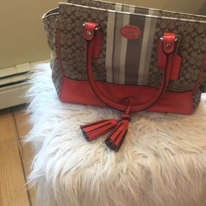 Beige and coral monogram canvas coach shoulder bag